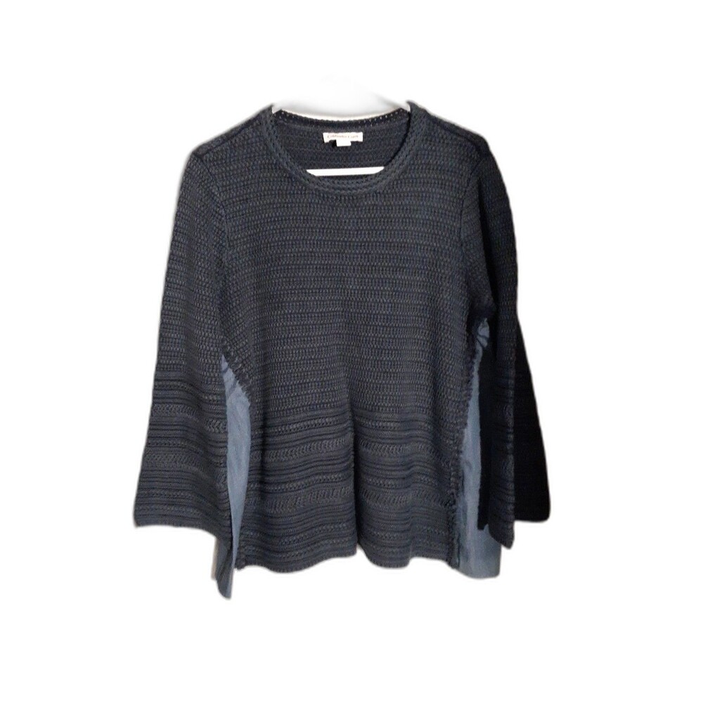 Coldwater Creek top LARGE navy Blue Textured knit cotton Pullover Sweater shirt
